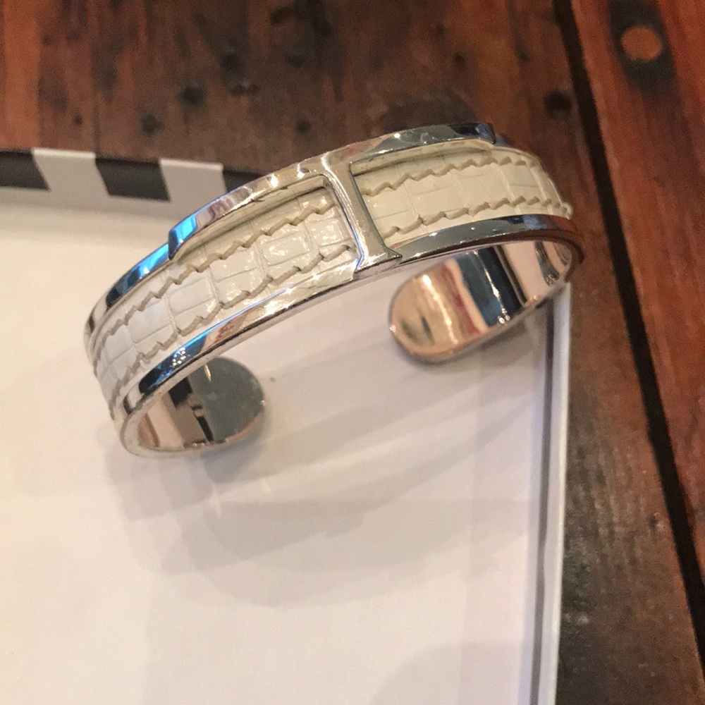 Tods white alligator silver trim cuff bracelet
